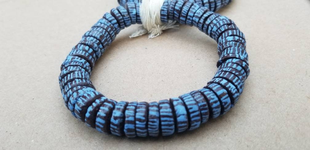 Blue Brown Spacer Beads, African Bead, Painted Beads