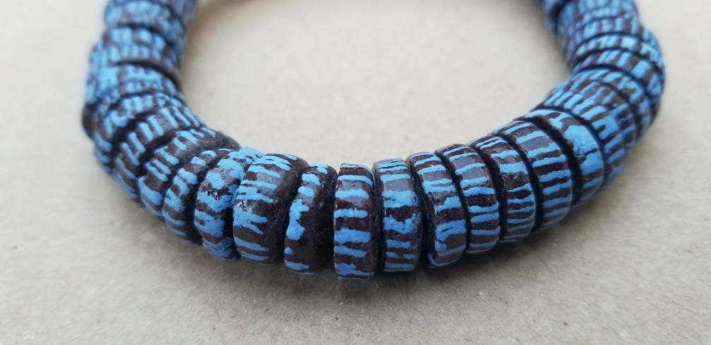 Blue Brown Spacer Beads, African Bead, Painted Beads