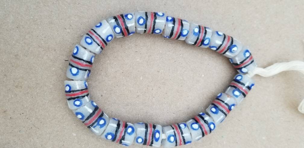 Frosted Clear African Beads, 16 Hand painted Beads, Krobo Beads