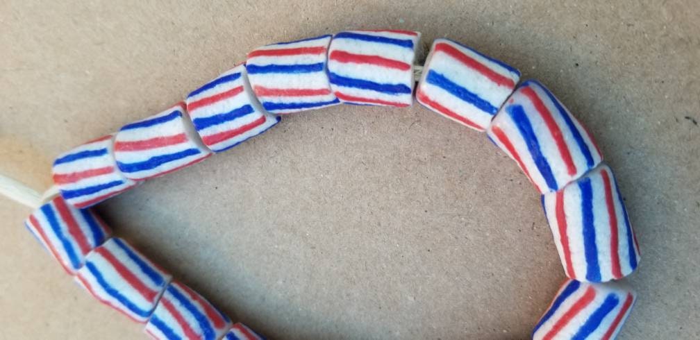 White Red Blue African Beads, Krobo Beads, Ethnic Beads