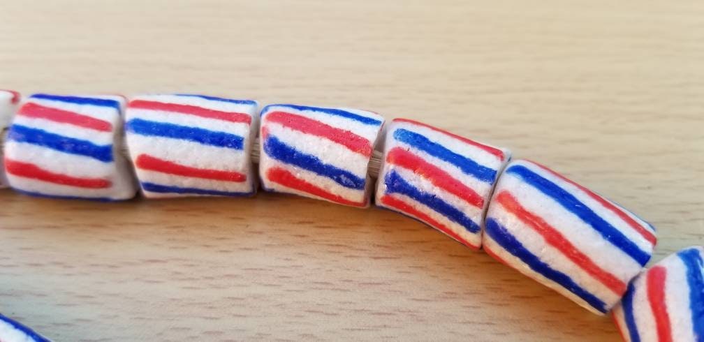 White Red Blue African Beads, Krobo Beads, Ethnic Beads