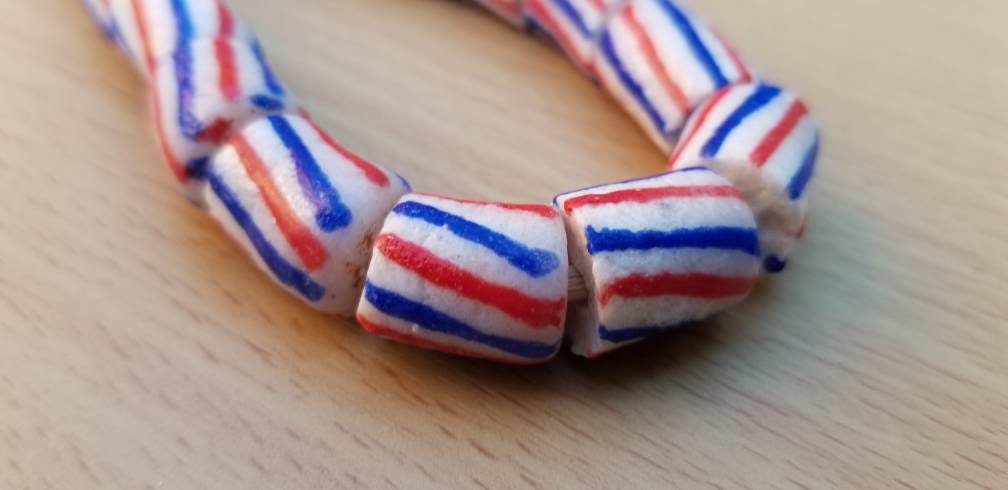 White Red Blue African Beads, Krobo Beads, Ethnic Beads