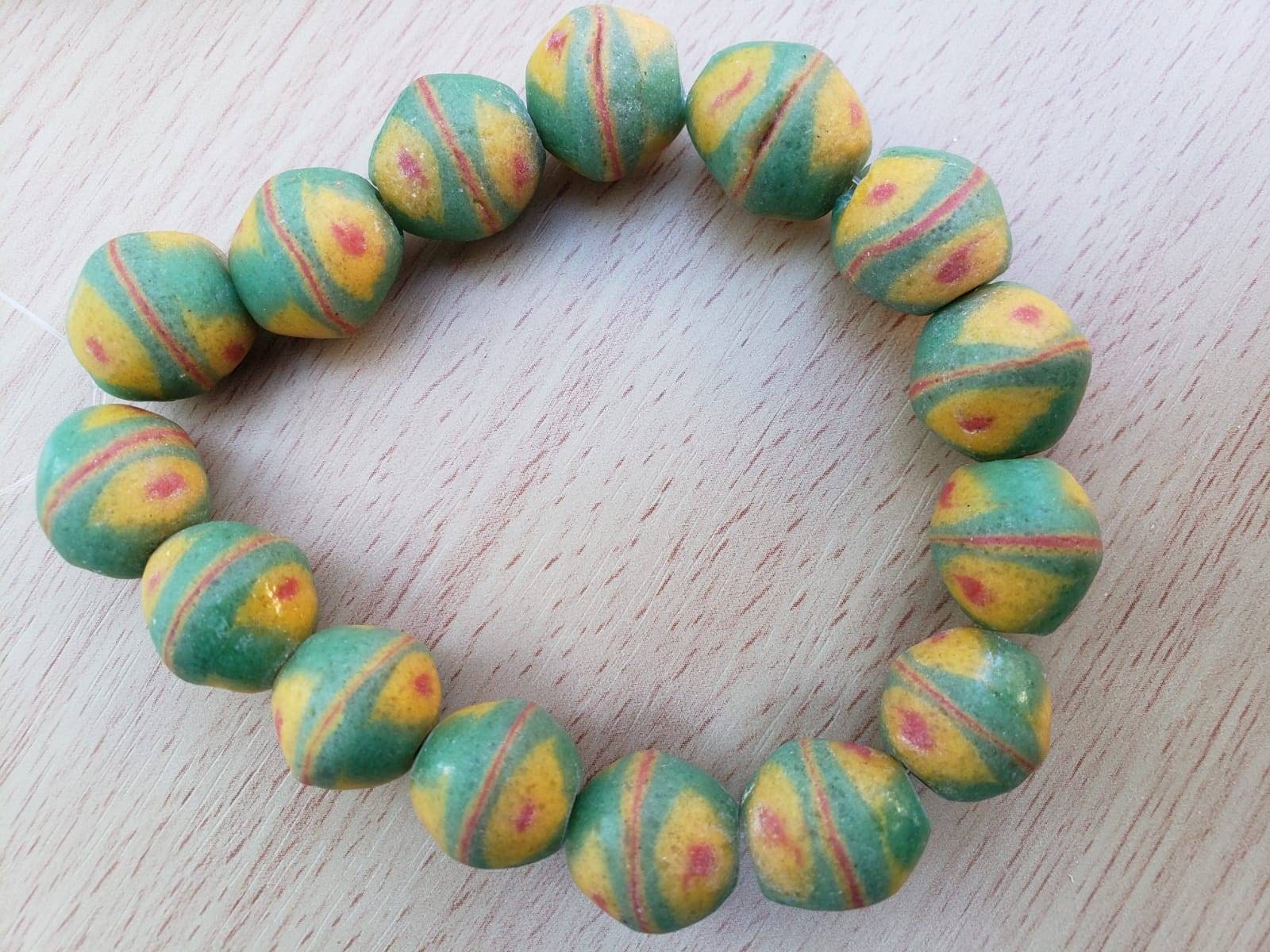 Green Powered Bi-cone Glass Bead, African Beads, Krobo Beads