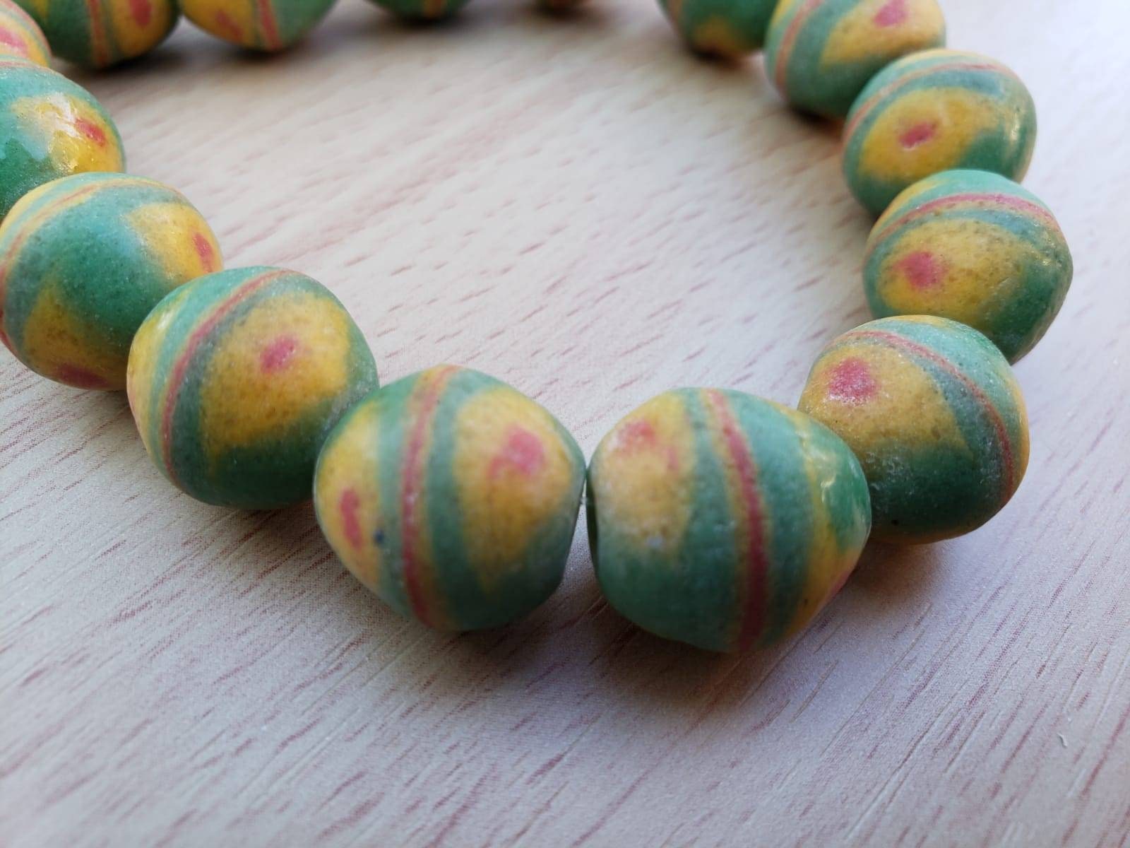 Green Powered Bi-cone Glass Bead, African Beads, Krobo Beads