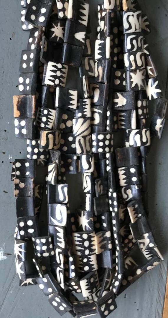 African Batik Beads, Black and White Cow Bone Beads