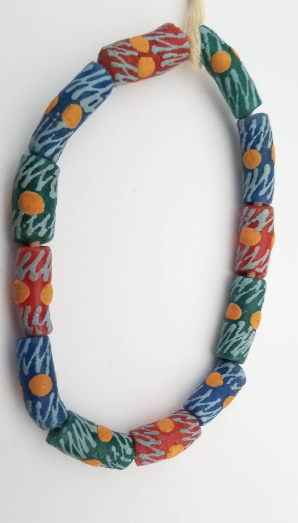 12 Multi-colored African Beads, Handmade Beads, Hand Printed Beads