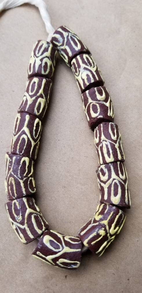 12 Large Brown Powdered Glass Beads, African Beads, Krobo Beads