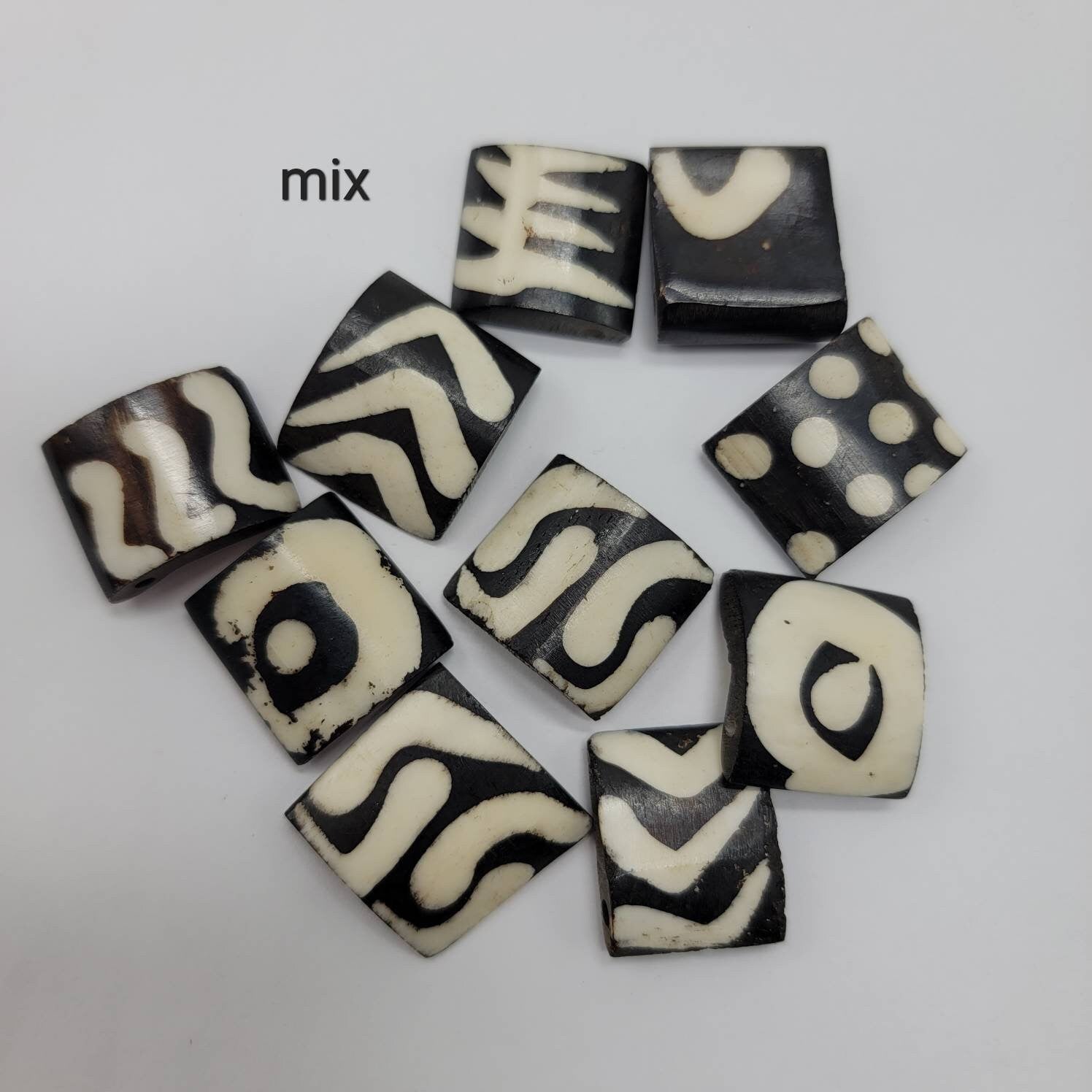 African Batik Beads, Black and White Cow Bone Beads