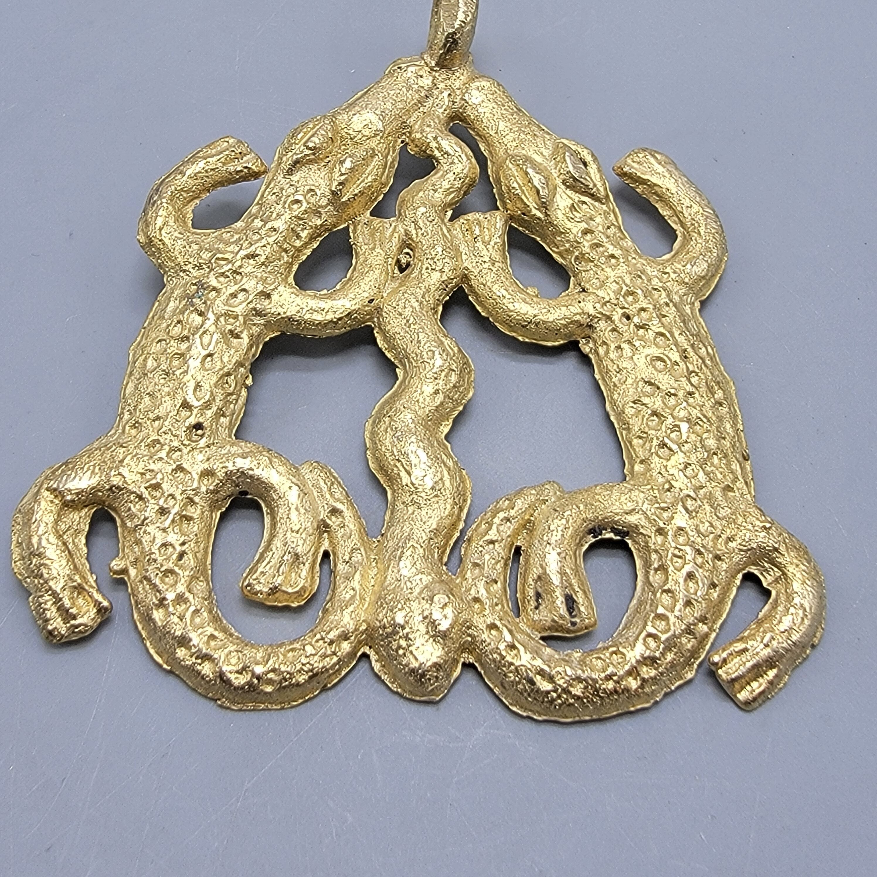 Crocodile and Snake Brass Pendant, Ashanti Brass