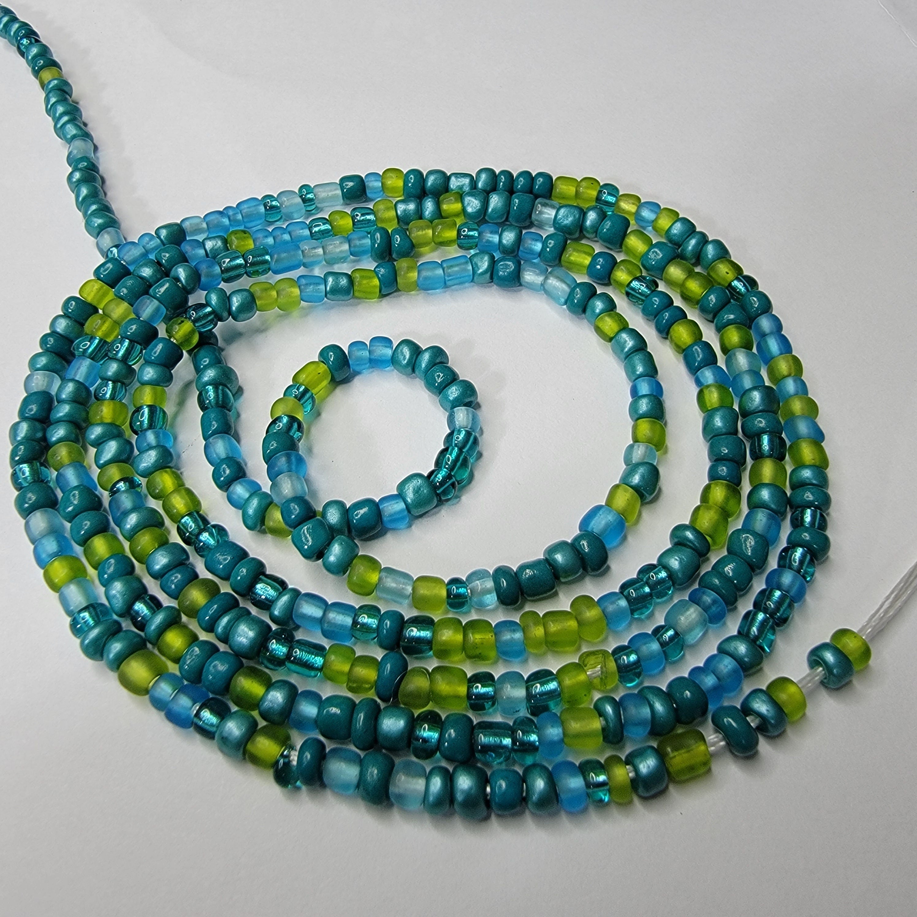 Blue Green Waist Beads, Tie on Waist Beads, Beads with Claps