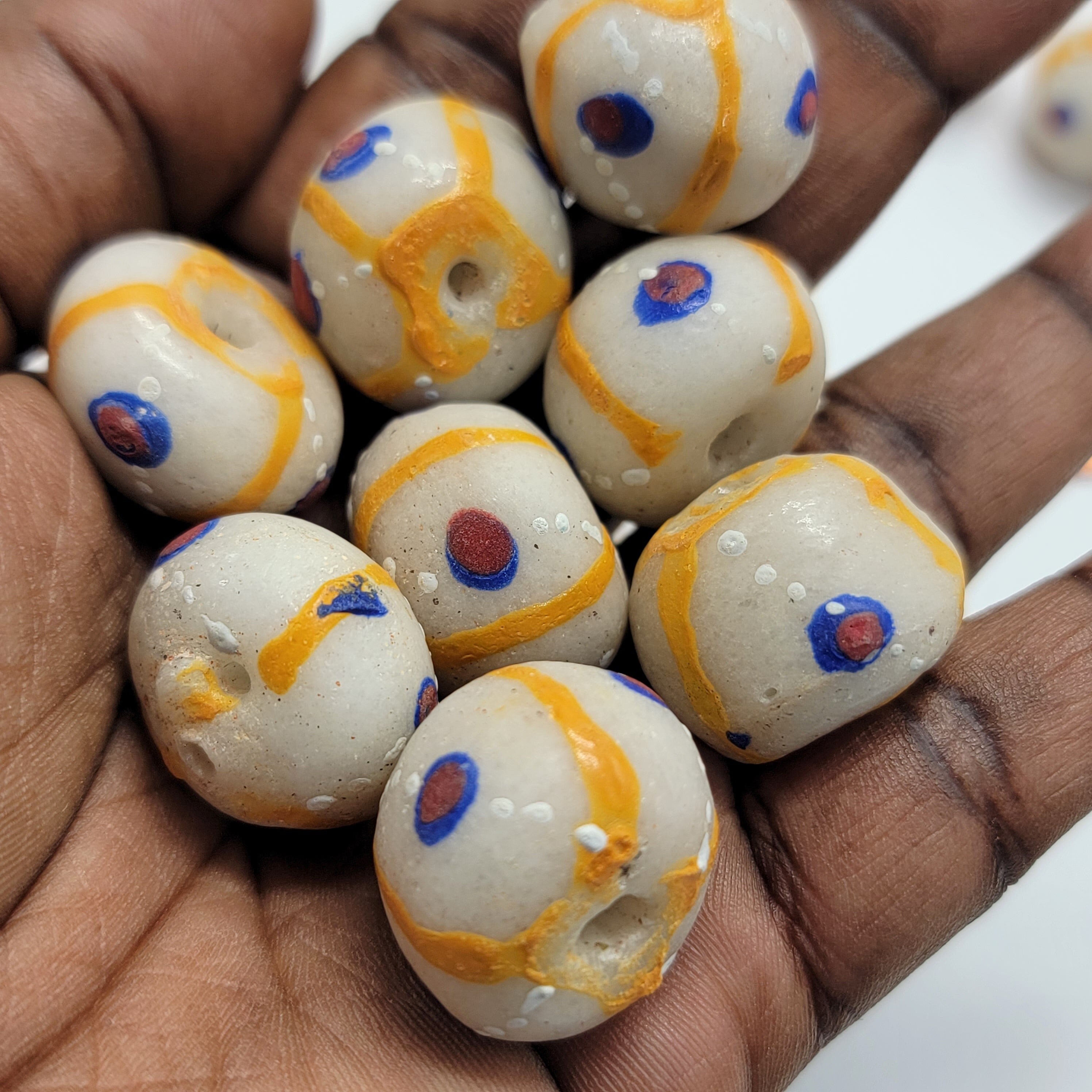 Cream Hand-Printed African Ball, Jewelry Making Beads