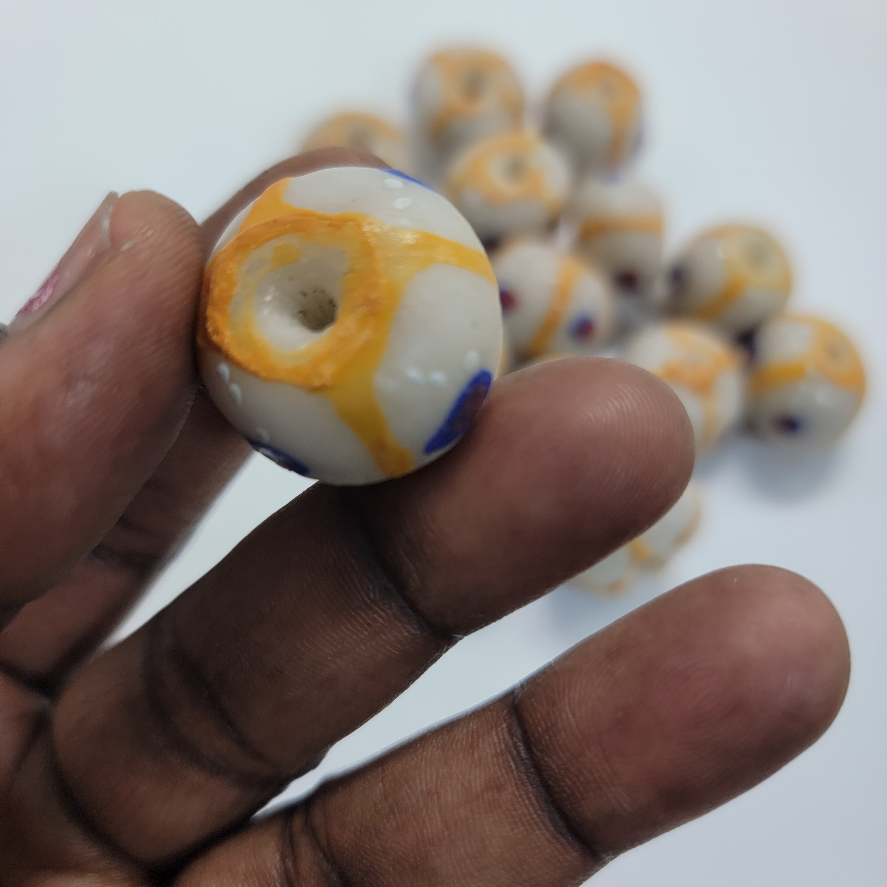 Cream Hand-Printed African Ball, Jewelry Making Beads