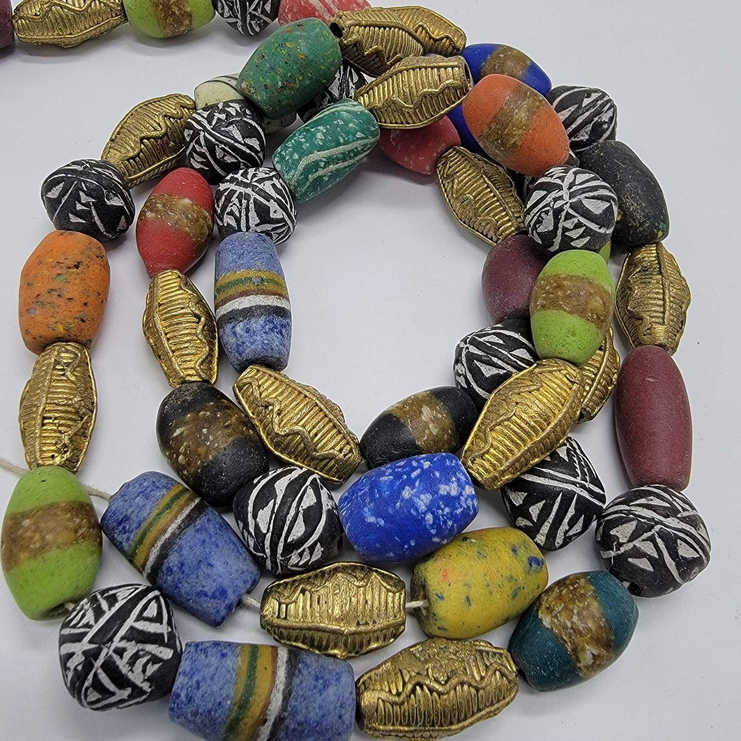 33 African Beads, Terracotta, Ghana Brass Beads