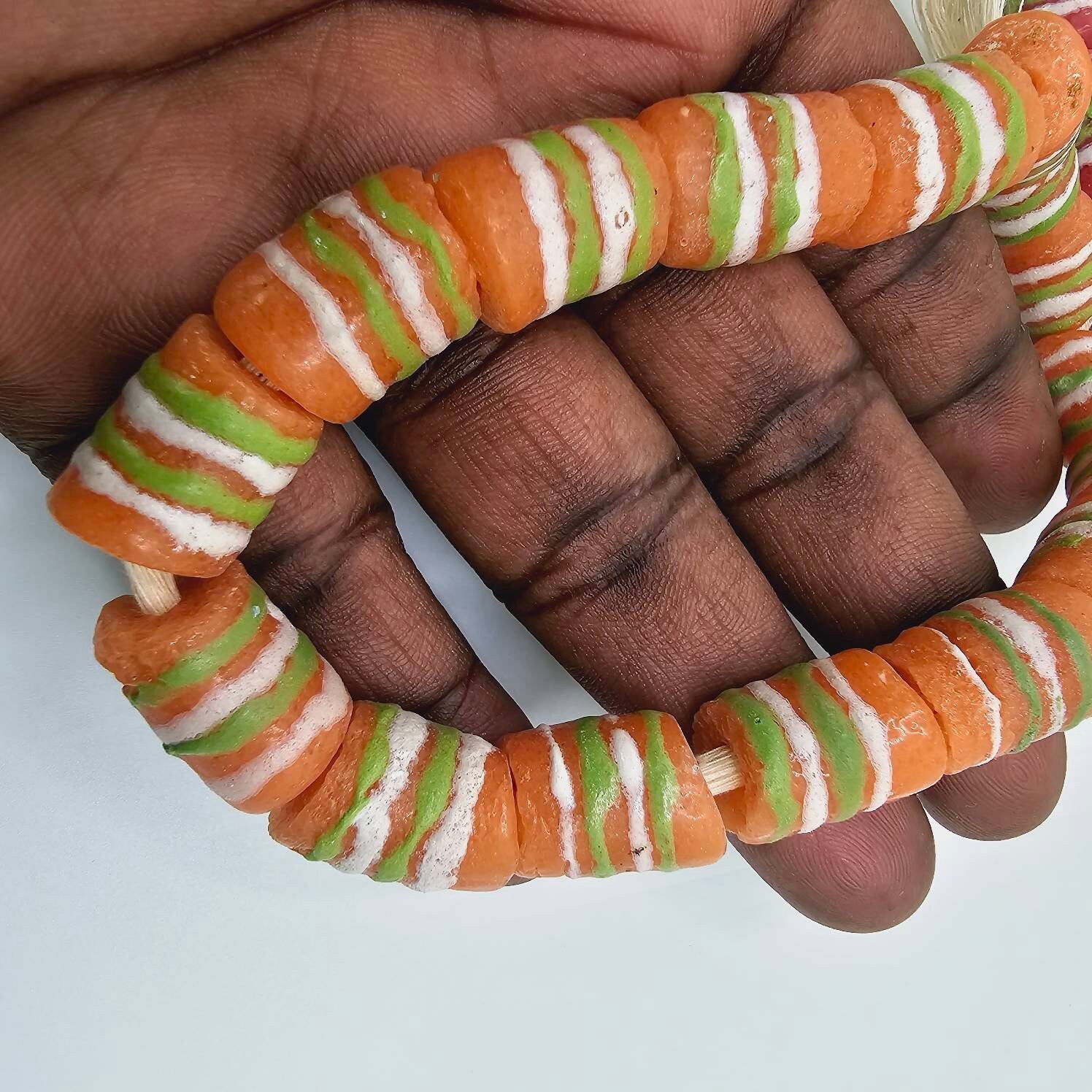 Red African Bead, Blue Krobo Beads, Orange Handmade Beads