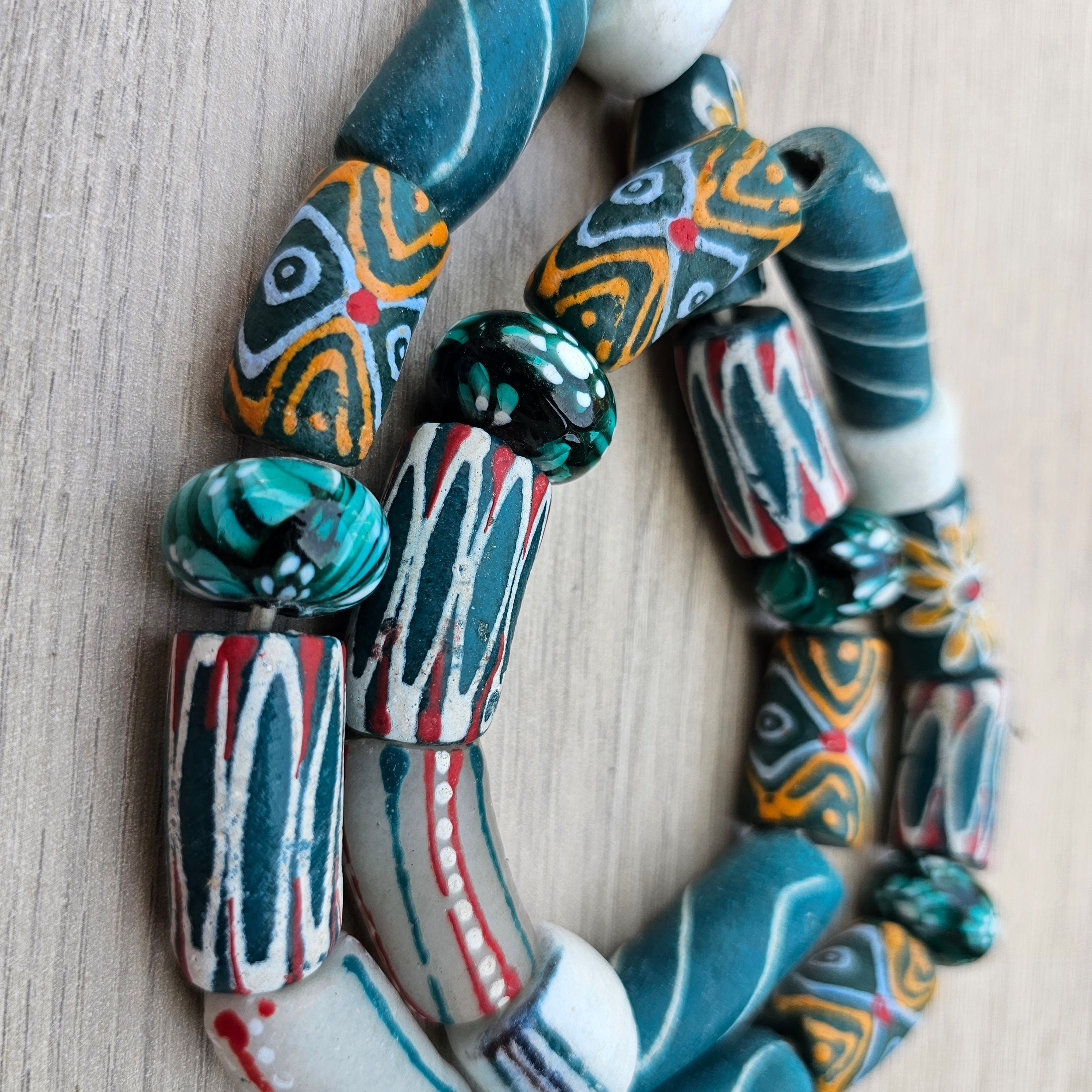 Teal Glass Long Beads, African Beads