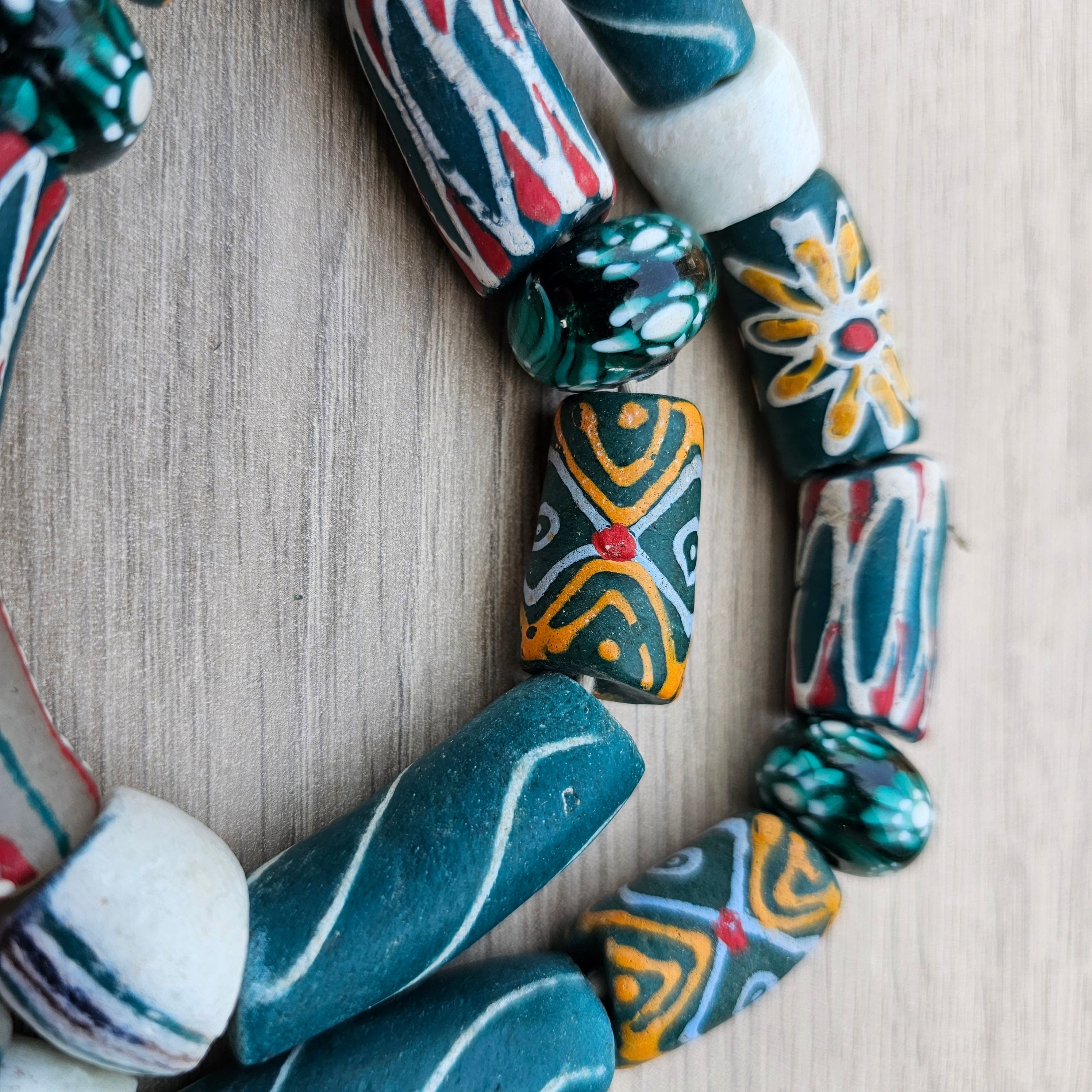 Teal Glass Long Beads, African Beads