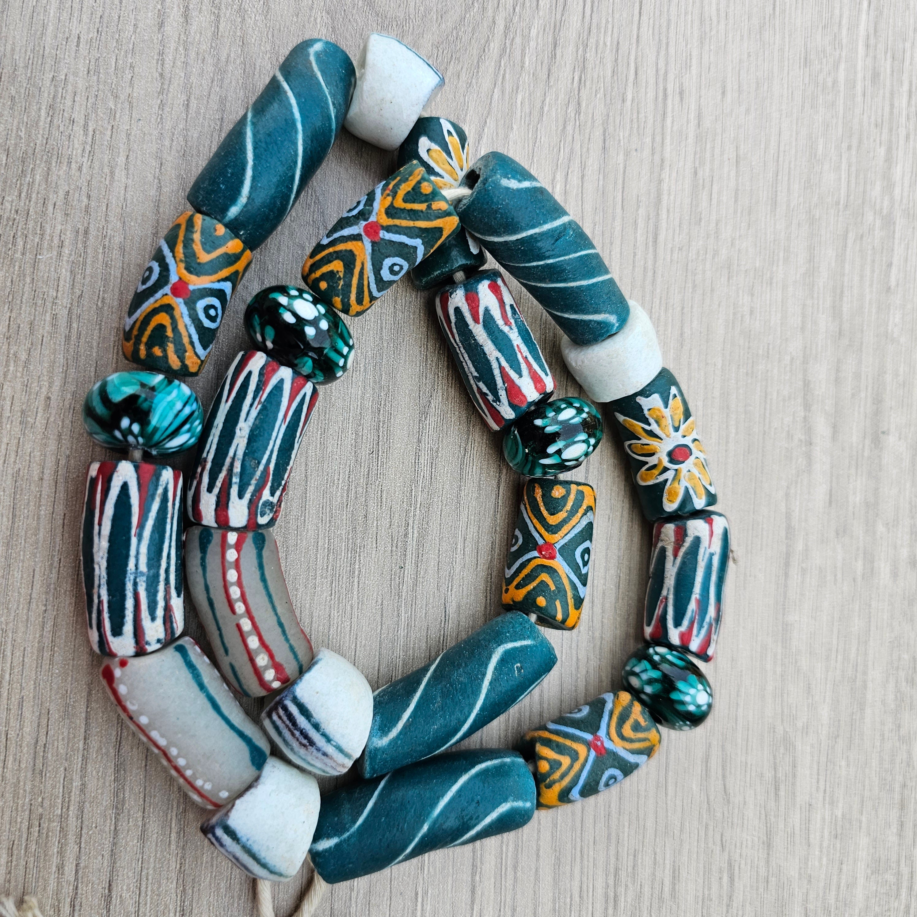 Teal Glass Long Beads, African Beads