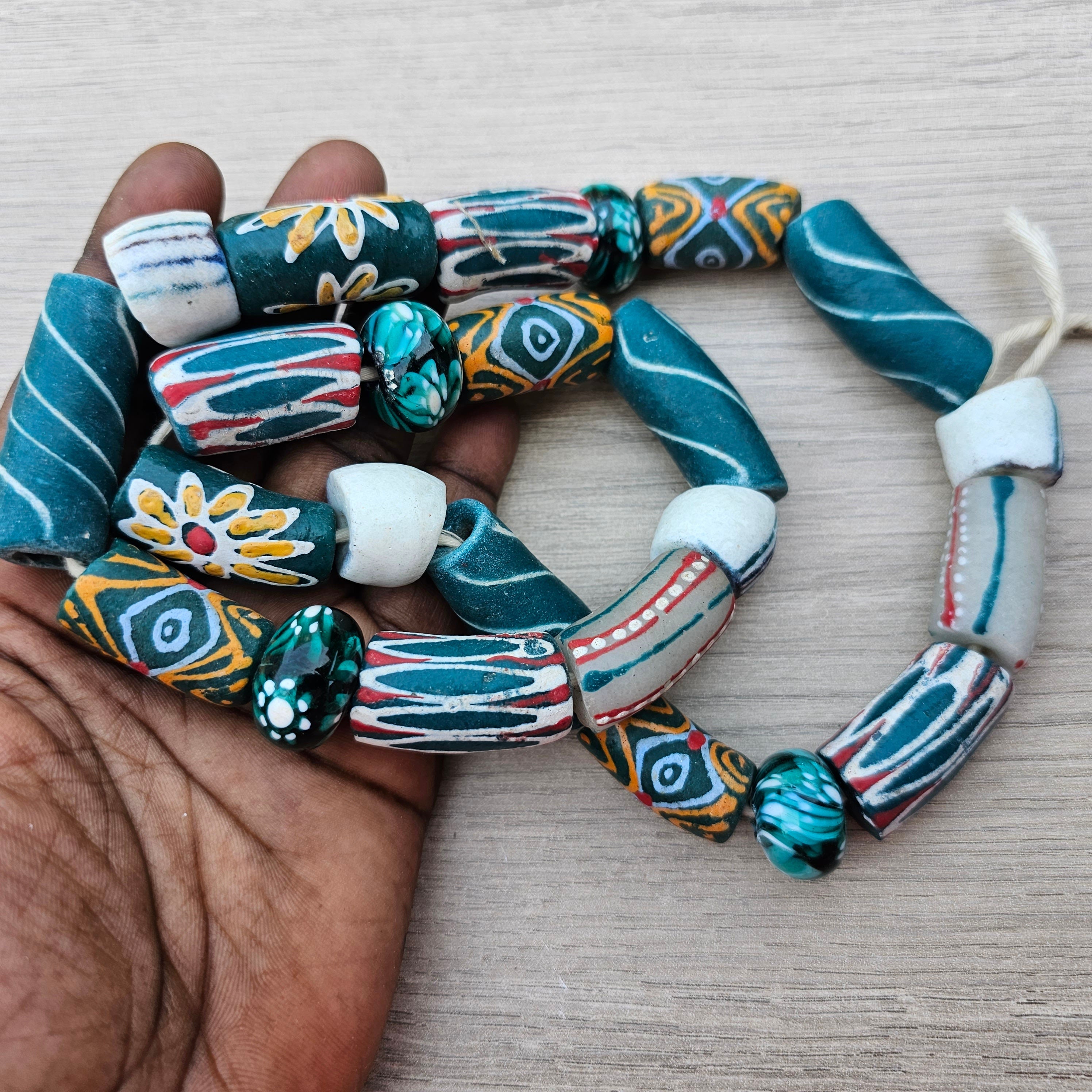 Teal Glass Long Beads, African Beads