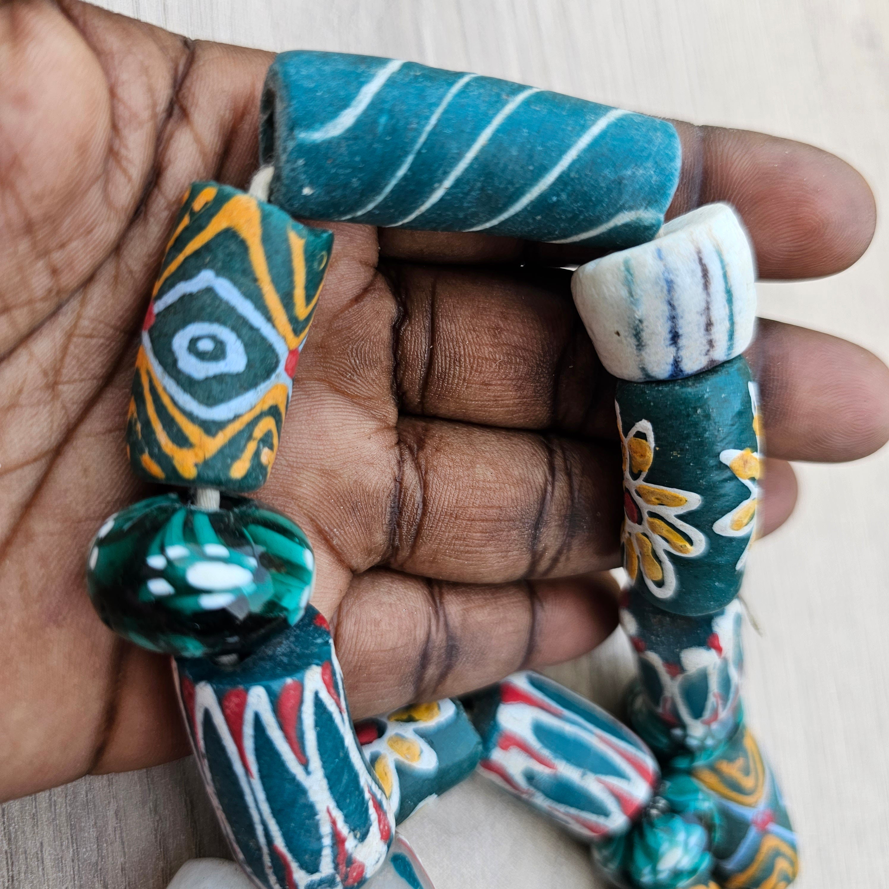 Teal Glass Long Beads, African Beads