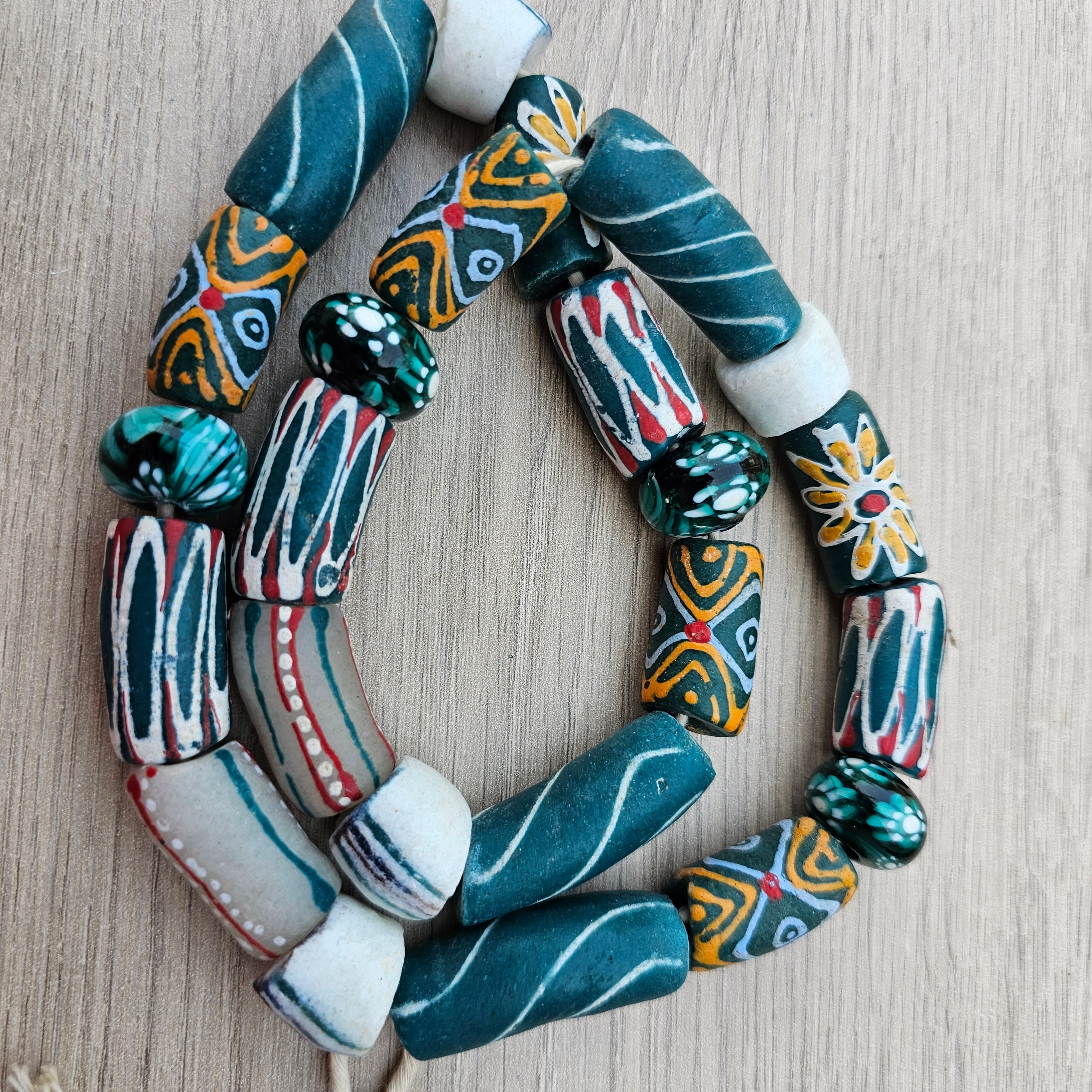 Teal Glass Long Beads, African Beads